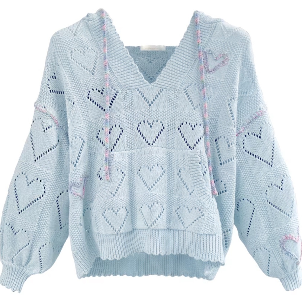 Love Shack Fancy Light Blue Heart Pattern Knit Hoodie